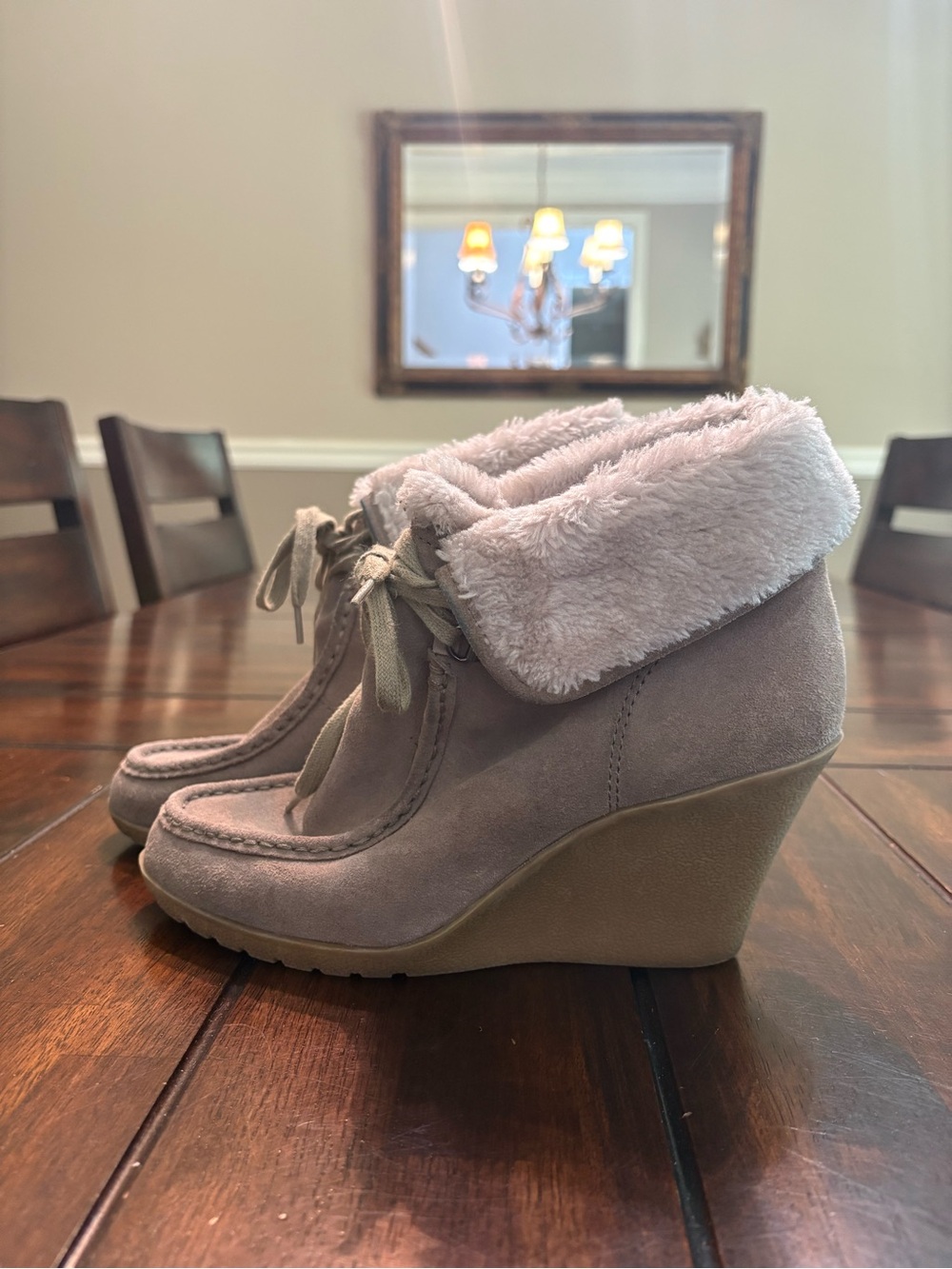 Women’s Suede White Mountain Wedge Boots with Faux Fur Trim, 7.5